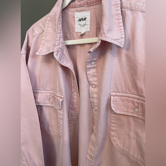 aerie pale light pink blush long sleeve button up shirt with collar size large - Picture 3 of 8